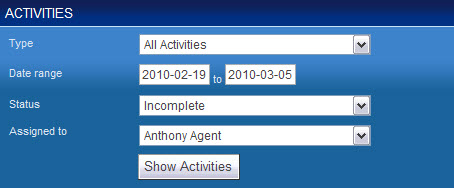 The options available to refine your list of activities in the Activities Summary