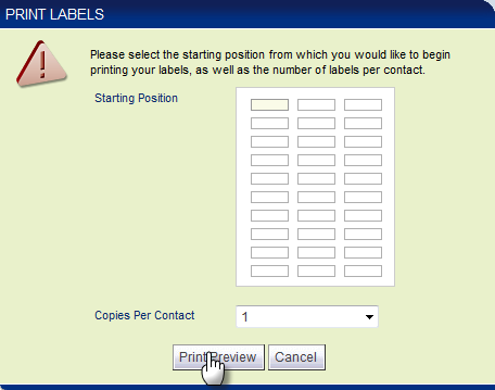 Print Labels popup